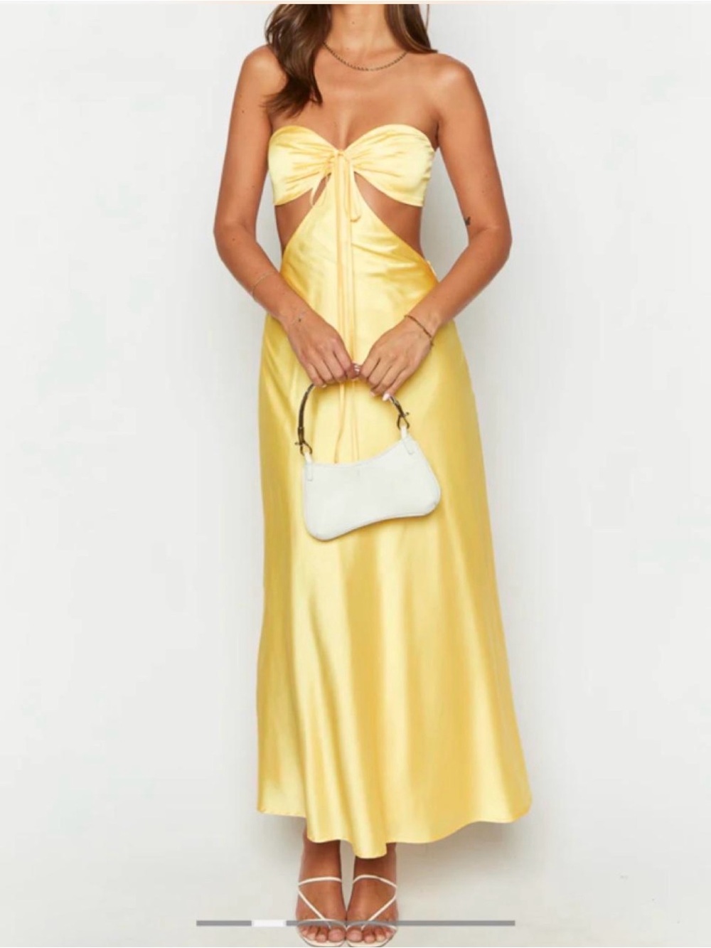 Beginning Boutique Lili Strapless Yellow Satin Cutout Maxi Dress